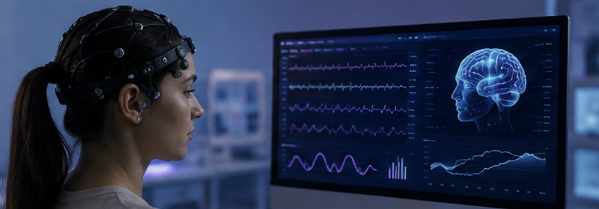 Researcher wearing an EEG electrode cap while brain signals are analysed on a multi-channel workstation display