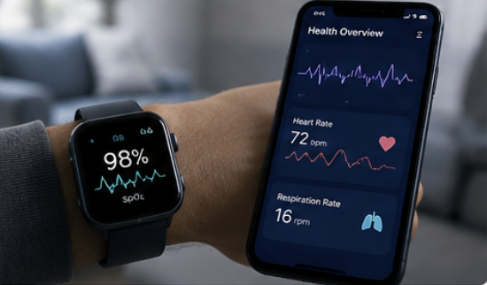 Smartwatch showing SpO₂ waveform next to a mobile health app with heart rate and respiration rate signals